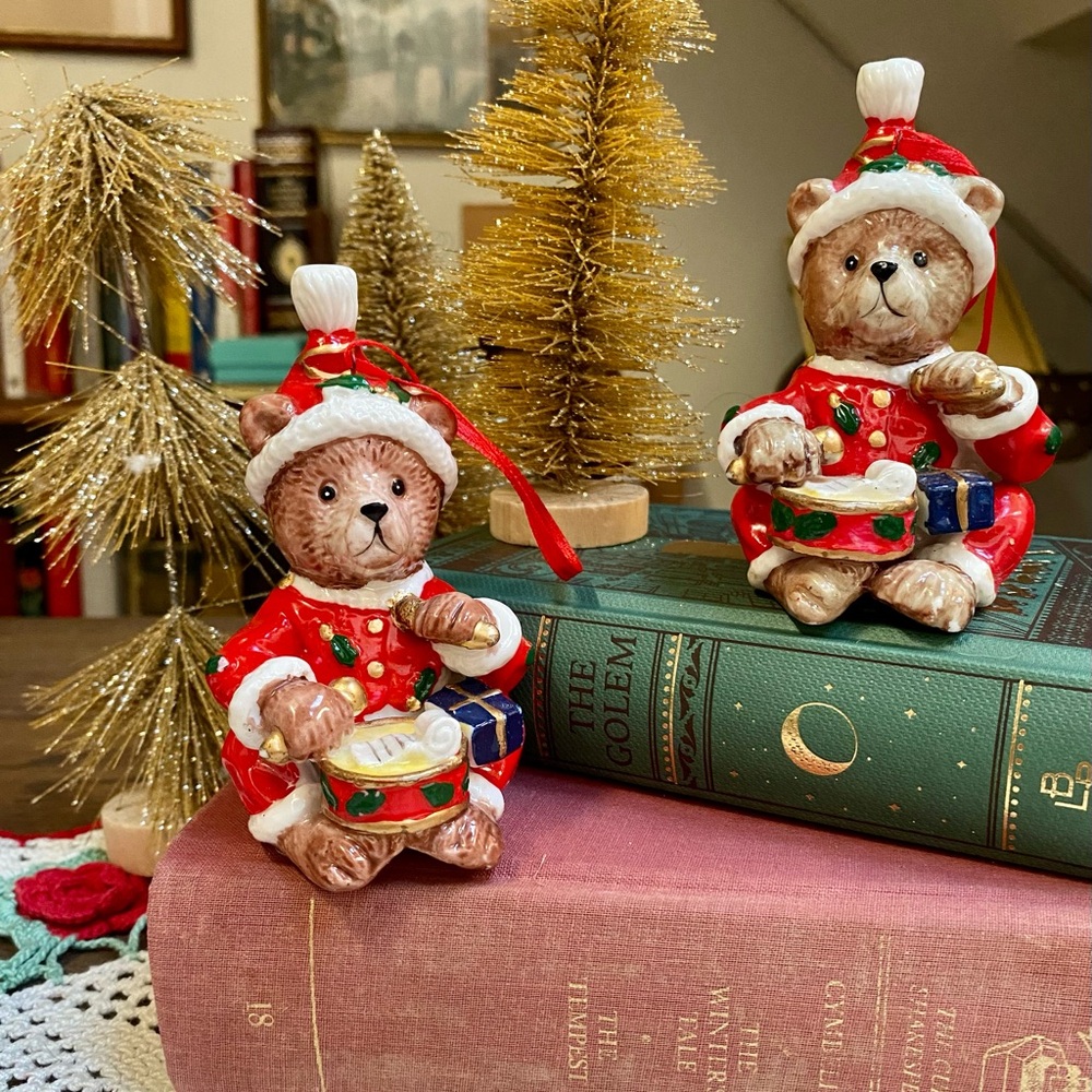 Vintage Teddy Bear Christmas Ornaments Set of 2, Christmas Bears Playing Drums